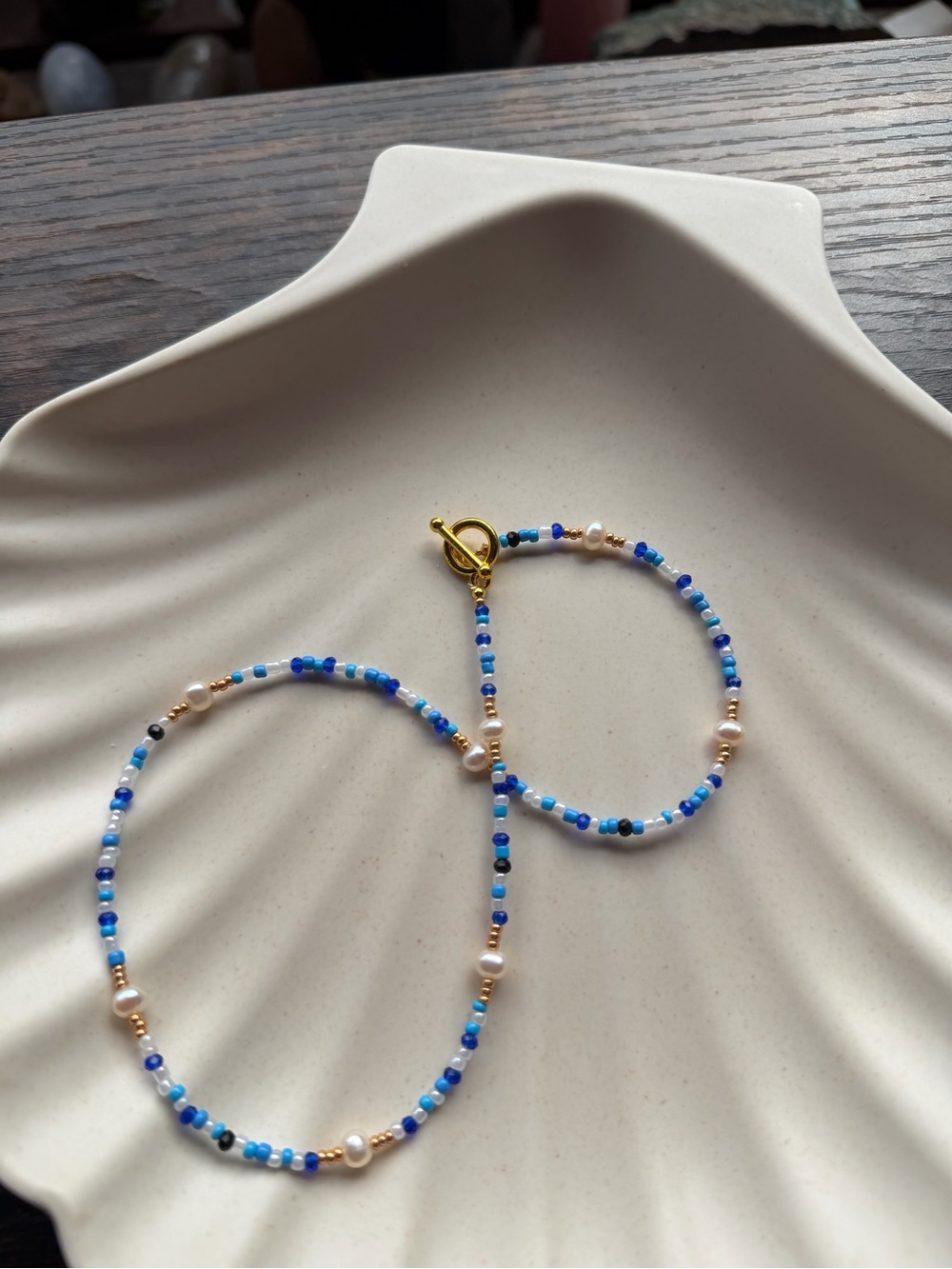 One of a Kind Handmade Blue Beaded Freshwater Pearl Necklace - Picture 4 of 4